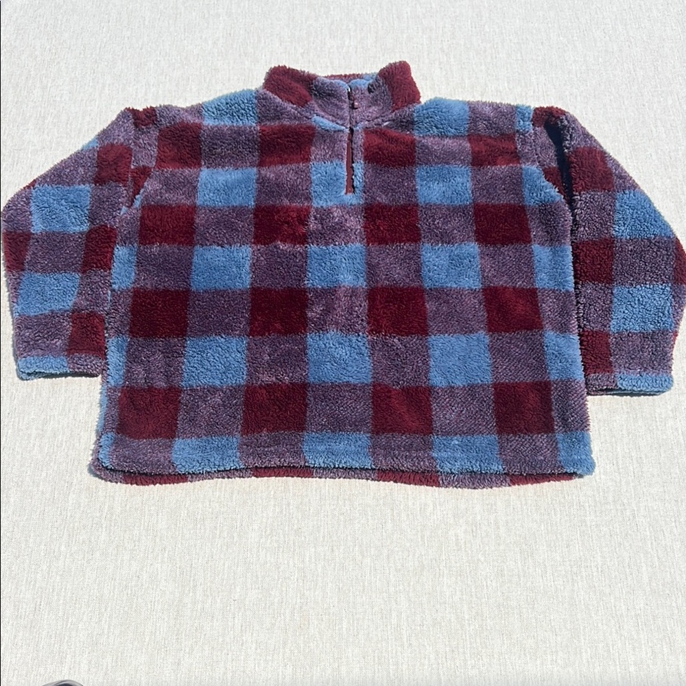 Women’sEddie Bauer Blue and Red Checked Sherpa style jacket with quarter zipper.